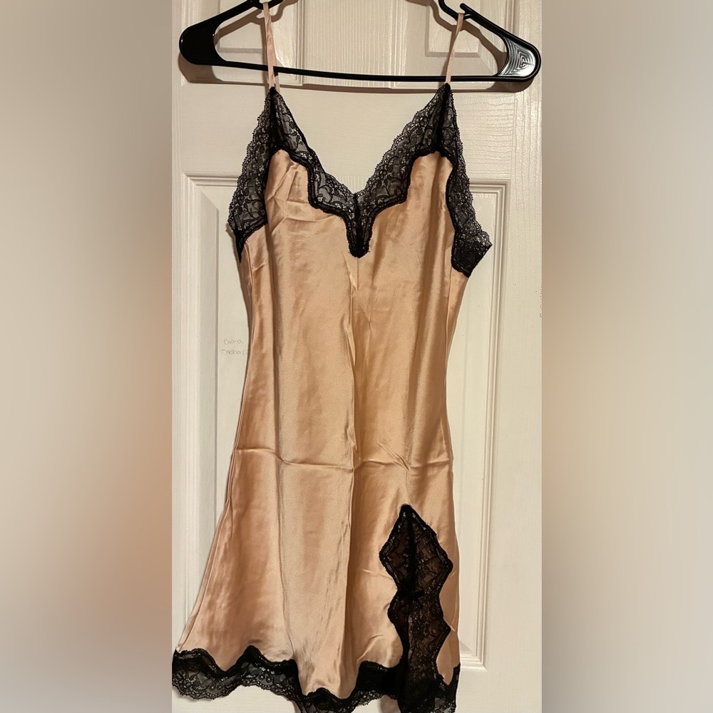 Samantha Chang Champagne Slip with Black Lace Trim